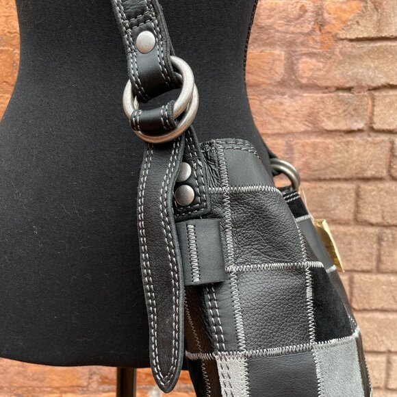 Lucky Brand Vintage Leather Patchwork Hobo Crossbody Purse Bag Grey Black New - Picture 11 of 14